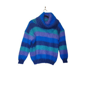Vintage 90s Fenn Wright Manson S Blue Purple Striped Fuzzy Mohair Sweater Turtle